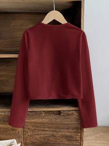 SHEIN 兒童青少年女孩休閒日常百搭素色百褶圓領鈕扣短版七分袖外套，返校季 - 酒紅色 - 查看 9