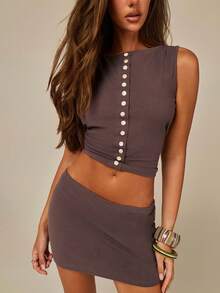 Athîral Women's Vintage Coffee Brown Button Design Sleeveless Tank Top + Mini Skirt, Casual Two Pieces Set, Outing Outfit Going Out Summer - Dark Grey - View 4