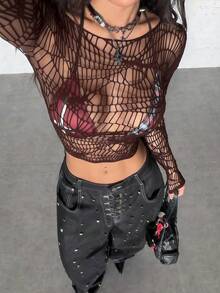 StreetHx Women's Grunge Spider Web Jacquard Brown Long Sleeve Top Music Summer Club Club Night Night Grunge - Brown - View 6