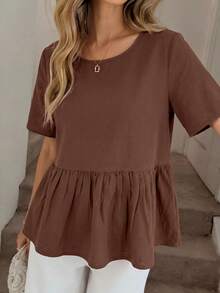 Easowa 100 Cotton Round Neck Ruched Ruffle Hem Short Sleeve Blouse, Casual Commute Brunch Resort Style For Women, Summer Top Coffee Brown - Brown - View 4