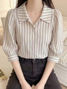 SHEIN 青少年女孩白色梭織條紋領條紋短袖燈籠袖寬鬆襯衫，春夏季秋季，日常休閒甜美淑女風 - 白色 - 查看 2