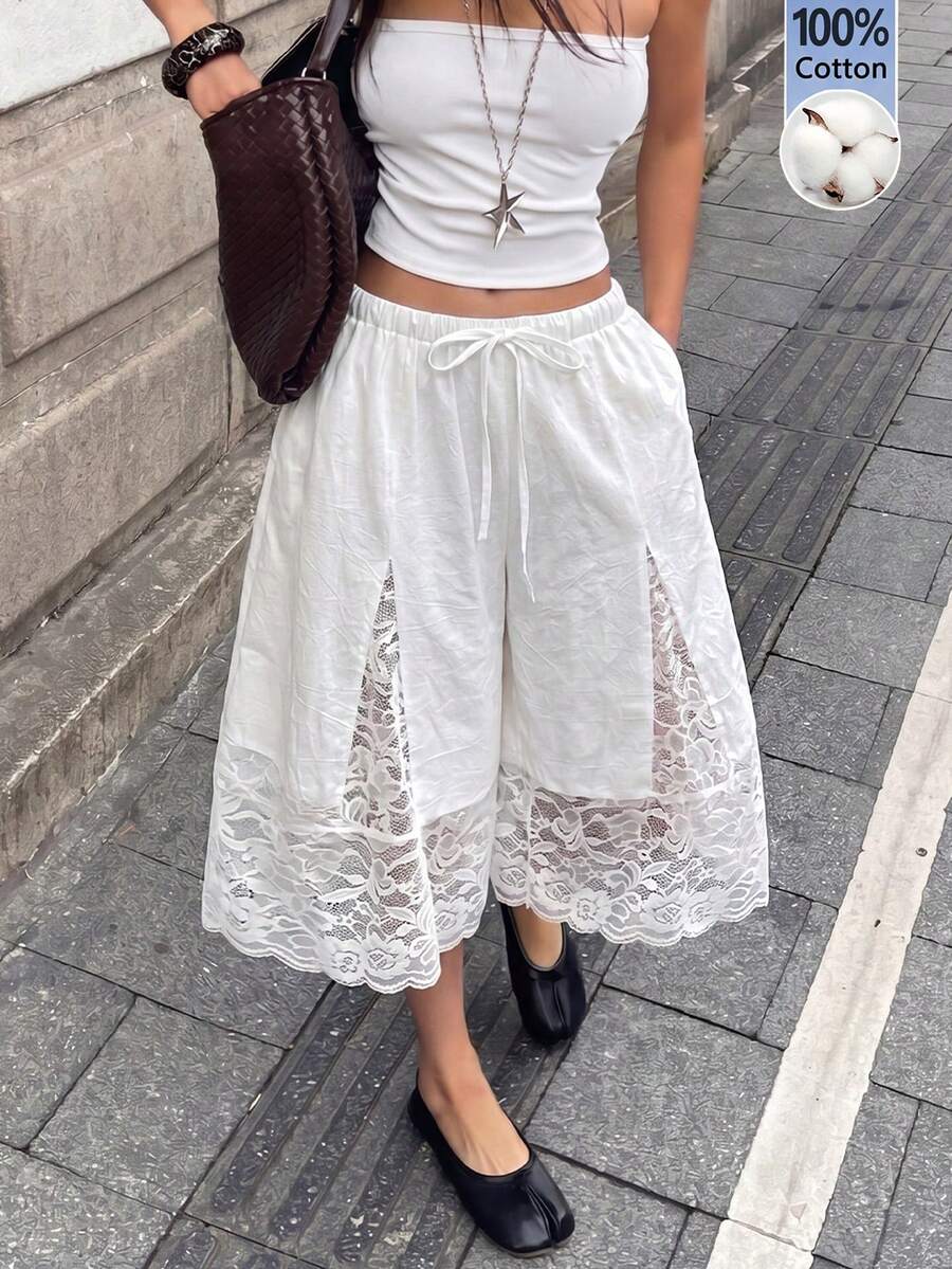 Coolane Women's Summer Concert Outfit Rave Festival Renaissance Fair Vacation Boho 100%Cotton Contrast Lace Comfortable White Crotch Pants - White - View 1