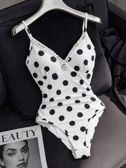 Elenzga Bodysuit nữ màu trắng họa tiết chấm bi cổ chữ V dây đeo đính hạt phong cách sang trọng thanh lịch cho mùa hè, đi biển và kỳ nghỉ