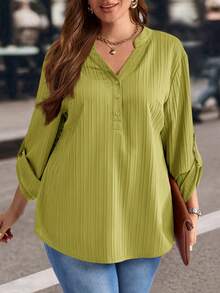 EMERY ROSE Plus Size Solid Color Notched Neck Roll Up Sleeve Casual Blouse ,Winter Clothes Fall - Green - View 4
