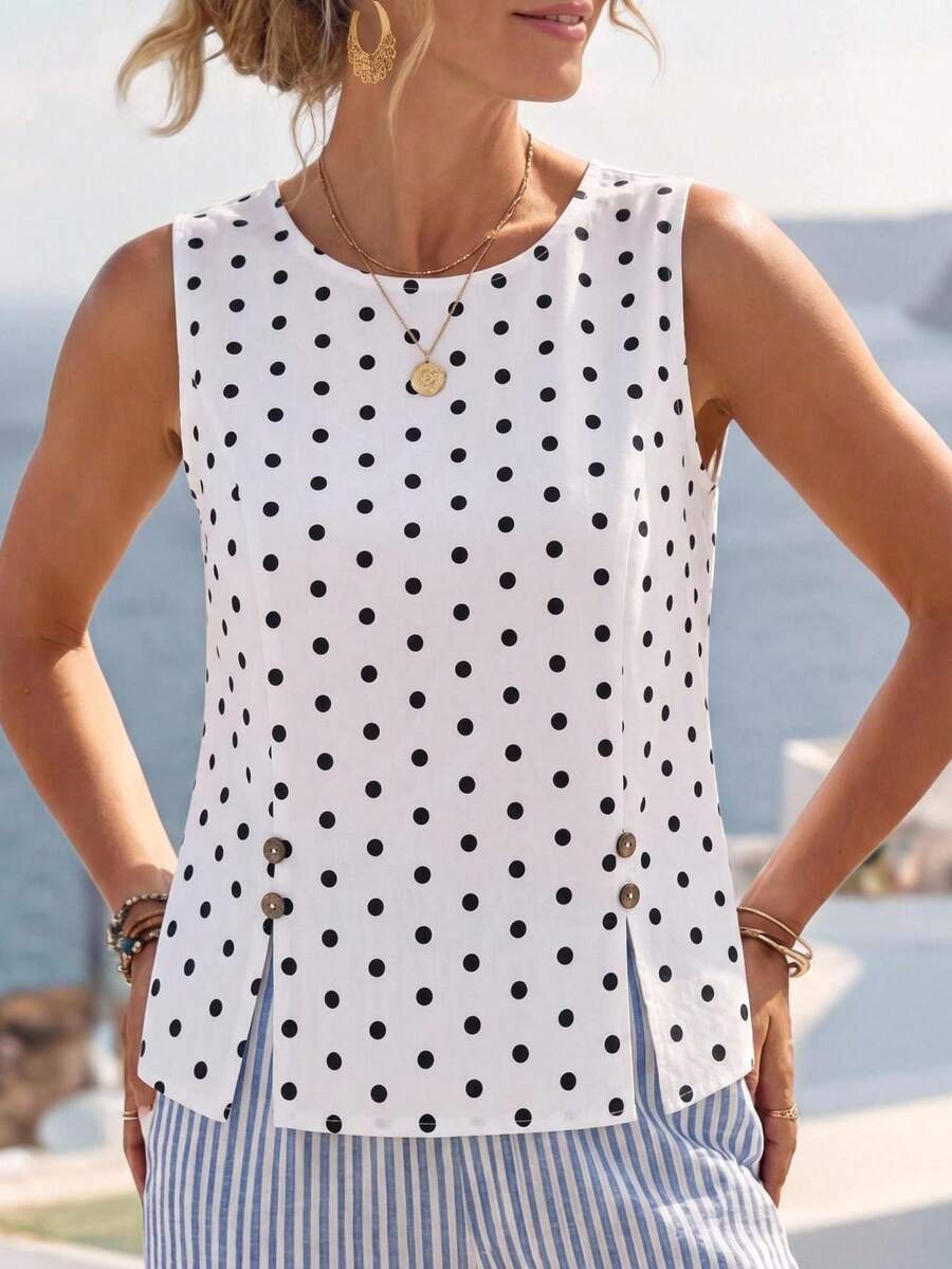 EMERY ROSE Women's Polka Dot Round Neck Casual Versatile Daily Outing Blouse Summer Polka Dots - White - View 1