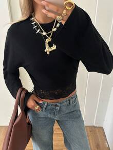 SHEIN EZwear 女款純色圓領長袖蕾絲下擺上衣 - 黑色 - 查看 8