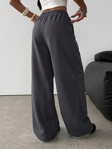 SHEIN Celana Jogging Kasual Longgar Warna Abu-abu Gelap dengan Kantong untuk Remaja Perempuan - Dark Grey - View 3