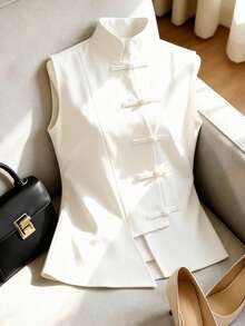 Franclia New Chinese Style Cheongsam Inspired Sleeveless Top, Stand Collar, Button Decor, Asymmetrical Waist Design, Versatile Spring/Summer Blouse For Women - White - View 1