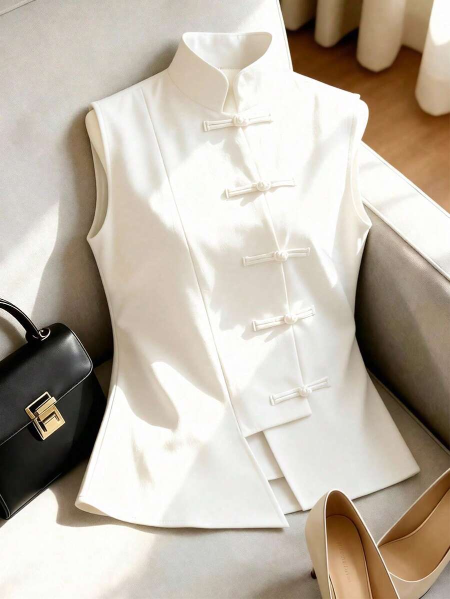Franclia New Chinese Style Cheongsam Inspired Sleeveless Top, Stand Collar, Button Decor, Asymmetrical Waist Design, Versatile Spring/Summer Blouse For Women - White - View 1