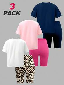 SHEIN Explorewe 6件套女童柔软T恤套装，夏季休闲上衣，街头时尚，蝴蝶结，25种图案，豹纹印花，多色运动裤，宽松短袖T恤，修身骑行裤，白色上衣 - 彩色 - 查看 2