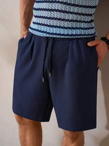 Airaco Pantalones cortos de hombre de verano, de uso diario y casual, de unicolor, con cordón en la cintura, bolsillos en diagonal y costuras delanteras - Azul Marino - Ver 5