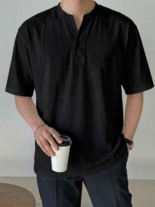 DAZY Short Sleeve Notch V-Neck T-Shirt - Black - View 3