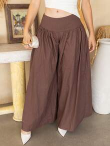 Andrea Bello Vintage Low-Waist Wide-Leg Pants, Draping Slimming Effect, Casual Coffee-Colored Pure Cotton Trousers, Suitable For Vacation, Casual Wear, Summer - Coffee Brown - View 7