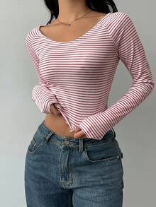 SHEIN BASICS 女款休閒條紋針織圓領長袖修身短版上衣 - 紅色 - 查看 6