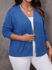 EMERY ROSE Plus Size Solid Color V-Neck Long Sleeve Cardigan - Blue - View 5