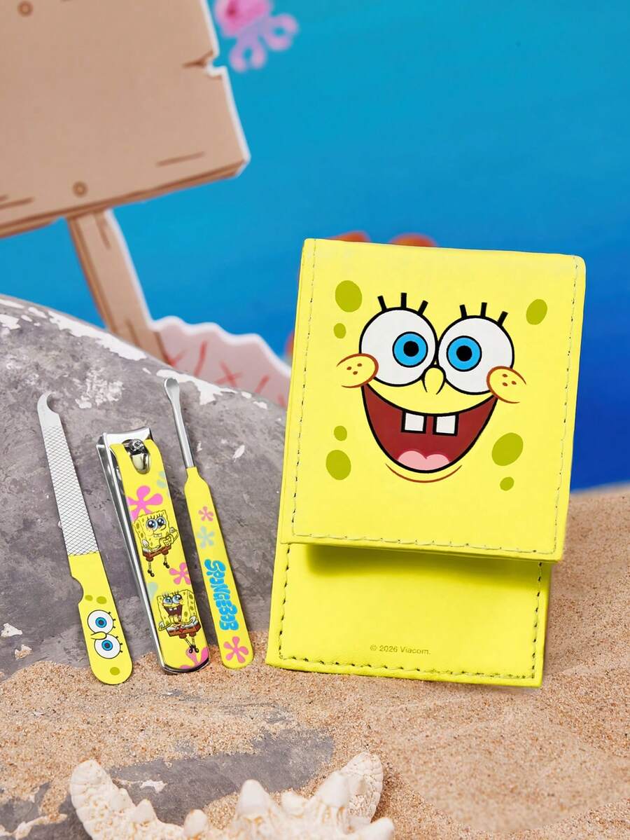 SpongeBob SquarePants | SHEIN 黃色海綿寶寶卡通主題 3 件組金屬美甲與足部護理套組,附收納盒,可愛指甲修整工具組,含死皮推棒與指甲锉,適合卡通迷與美容愛好者的完美禮物 - 黃色 - 查看 1