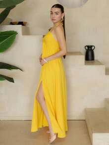 Andrea Bello Beach New Spring And Summer Casual Holiday Halter Neck Strapless Bust Dress,Vacation Outfits Women Elegant Party - Yellow - View 5