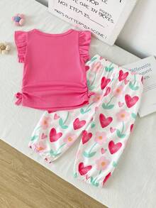 SHEIN Playful Pals 2件組女嬰幼兒羅紋圓領荷葉袖短袖T恤與圖案長褲套裝，女嬰服飾，嬰兒上衣，派對、度假、花卉、田園風，適合夏季 - 粉色 - 查看 2
