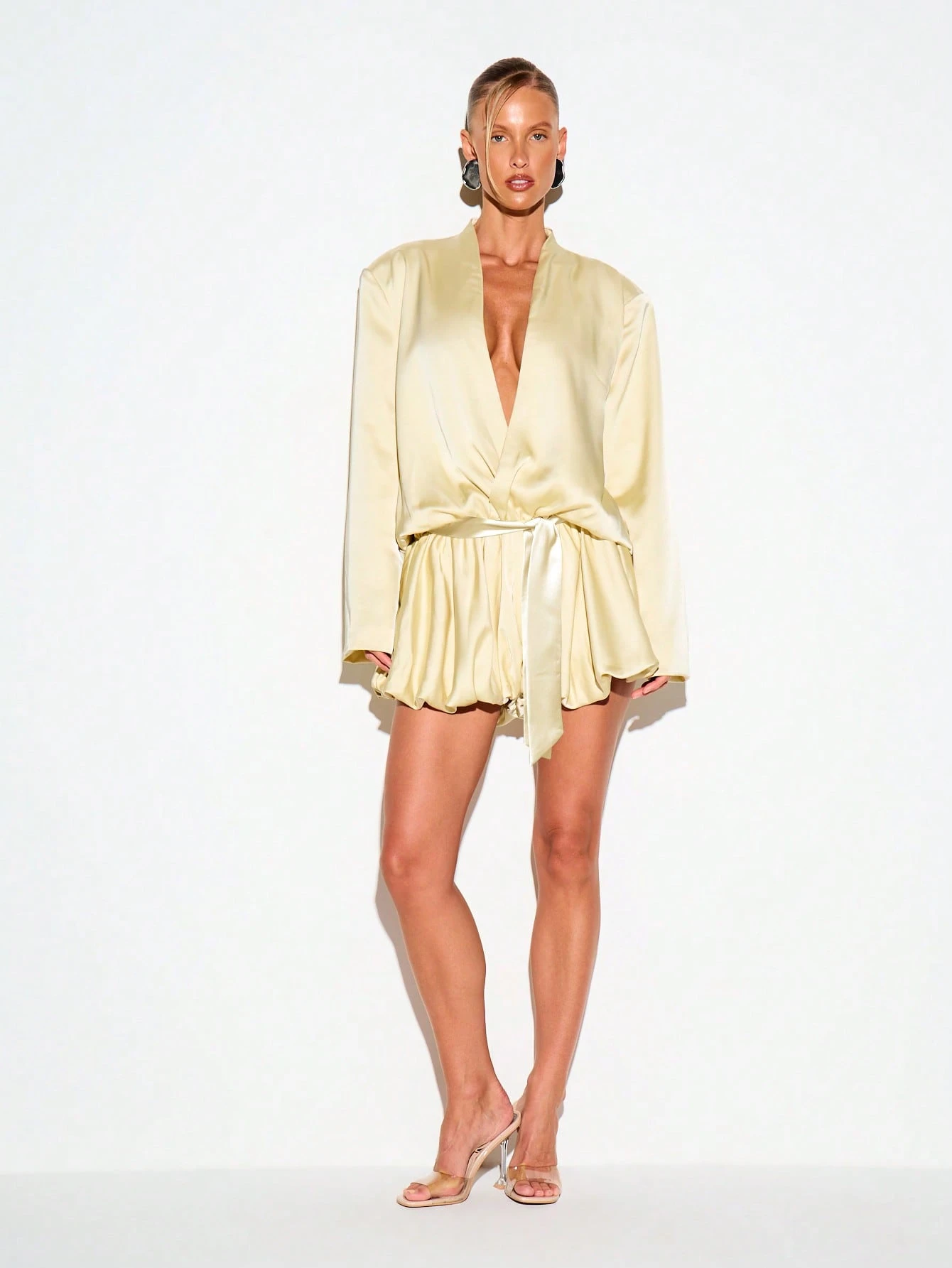 Satin Plunge Neck Romper With Bubble Hem
