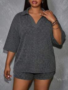 Slaydiva Plus Size Summer Casual Smart Casual Short Sleeve Top And Shorts 2 Pieces Set Workwear Gray - Multicolor - View 8