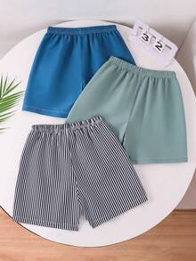 SHEIN (Acak 4 Pcs, Kirim 3 Pcs) Set Celana Renang/Celana Pantai Kasual Olahraga Nyaman Warna Polos Bergaris Longgar Tenun untuk Anak Laki-laki, 3 Potong - MultiWarna - View 5