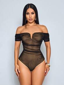 SOLERSUN Women's Spring/Summer Elegant Sexy Off-Shoulder V-Neck Mesh Pleated Bodysuit Black Club Night Out - Camel - View 4