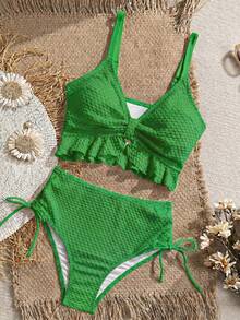 Swim Vcay Women's Solid Color Textured Fabric Sweet Ruffle Drawstring Pleated High Waist Tank Top Bikini - Green - View 3