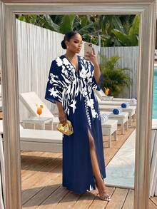 SHEIN Lady CURVE Navy Blue Plus Size Women's Vacation Floral Print Split Hem Dress Vacation Autumn Cocktail Vacation Vacation Fall - Navy Blue - View 5