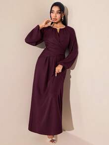 Veilorie Gaun Arab Elegan Wanita Warna Polos dengan Lengan Lentera Raglan - Merah - View 6