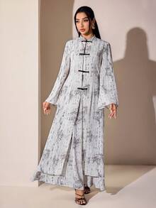Veilorie Women's Vacation Frog Button Long Sleeve Robe & Long Skirt Arabic Costume Set - Black and White - View 5