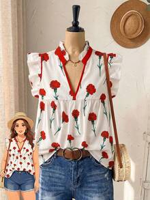 Elenzga Plus Size Women's Casual Daily Outing Fitted V-Neck Notch Collar Flutter Sleeve Floral Print Blouse - Multicolor - View 1