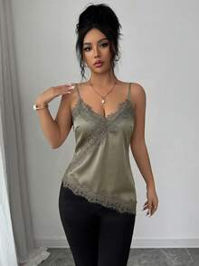 Rafferiza 女款優雅性感法式蕾絲時尚細肩帶背心上衣，適合夜晚外出與約會之夜，鼠尾草綠，夏季款 - 軍綠色 - 查看 5