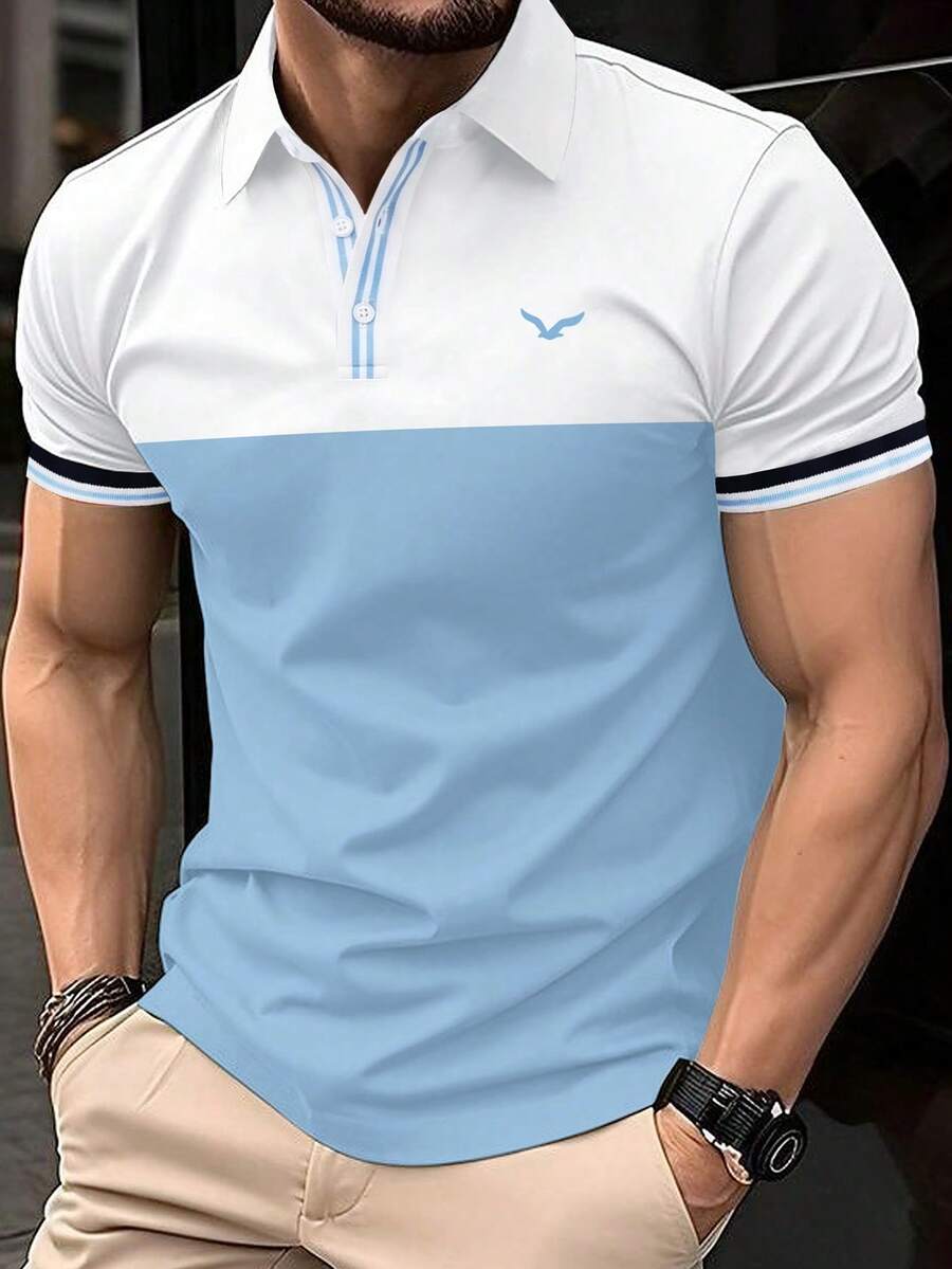 Manfinity Homme 男士大尺碼拼色拼接POLO衫,街頭風,休閒,春/夏 - 藍白色 - 查看 1
