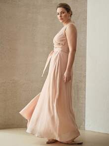 MOTF PREMIUM AUTUMN/WINTER WOMEN'S PLUS SIZE LINEN BLEND COLLARED SLEEVELESS WRAP LONG DRESS - Baby Pink - View 6