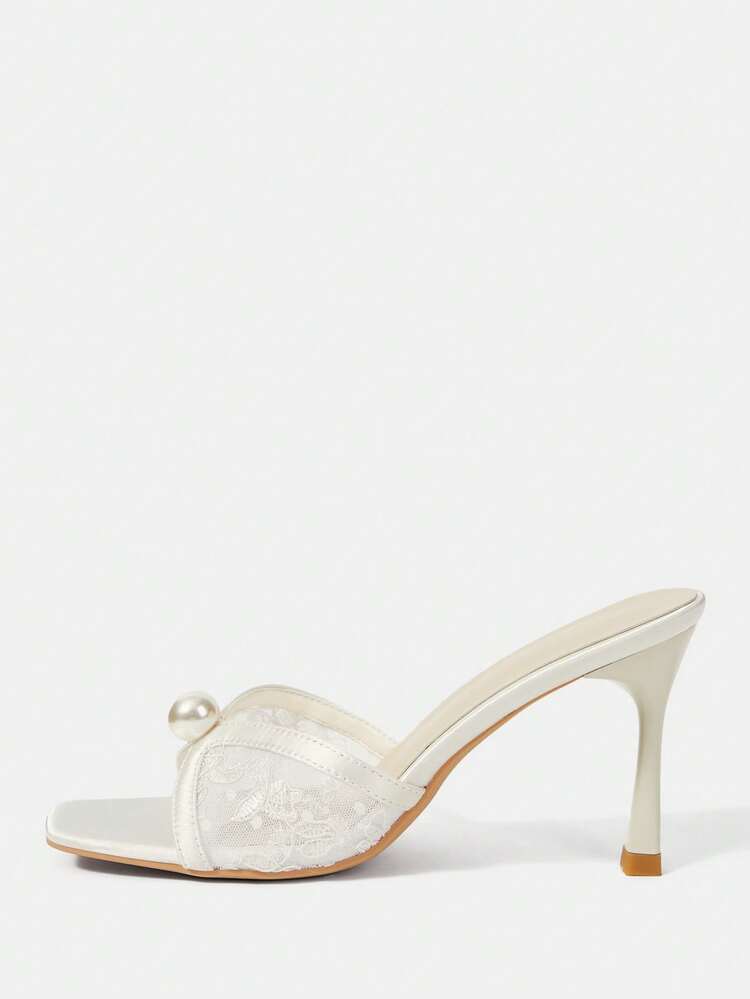 CUCCOO HITCHD New Beige Thin Heel Square Head Net Flower Pearl Fashionable And Elegant Women's High-Heeled Sandals