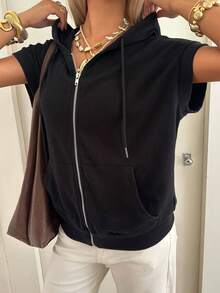 SHEIN EZwear 袋鼠口袋連帽衛衣 夏季旅行黑色運動休閒風 - 黑色 - 查看 4