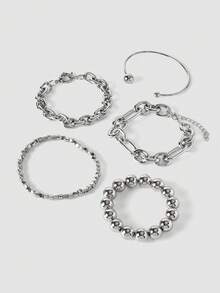 MortiRose Set Gelang Rantai dan Manik-Manik Tebal Berlapis Desain Koin Kuno Minimalis Berlebihan Bergaya Vintage 5 Buah, Cocok untuk Kencan, Liburan, Pemakaian Sehari-hari, Pesta, dan Hari Raya. - Perak - View 2