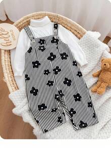 SHEIN Baby Girl Cute Versatile Blue Floral Pattern Strap Jumpsuit - Black and White - View 6