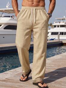 VENTUSAIL Pantalones casuales versátiles de uso diario para hombre, unicolor, cintura con cordón, bolsillos, para vacaciones - Caqui - Ver 4