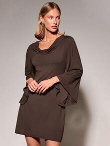 COSMINA Women's Draped Neck Bell Sleeve Long Sleeve Solid Color Draped Neck Versatile Dress - Brown - View 2