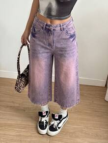 SHEIN EZwear Women's Casual Versatile Denim Shorts With Pockets And Buttons For Daily Outings - Purple - View 1