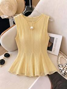 Modelyn Women's Spring/Summer Pale Yellow Woven Lace Sleeveless Waist-Cinching A-Line Commuter Frenchy Elegant Casual Tank Top Brunch Date - Yellow - View 5