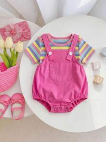 SHEIN Newborn Baby Boys' 2pcs Set,Pink,Summer,Cute,Family Matching Striped Overall,White Knitted Peter Pan Collar Top,Striped Buttoned Hat,Casual Outfit - Pink - View 2