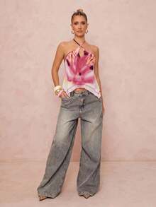 Lumalex Pink Abstract Floral Print Halter Crop Top Crisscross Neck Tie Back Layered Chiffon Overlay Asymmetric Hem And Lettuce Edge Trim Perfect Summer Top - Multicolor - View 9