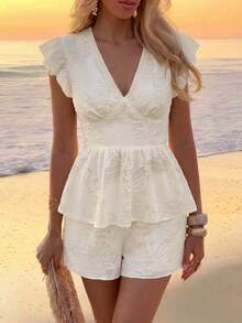 Lucivie Women's Elegant White Summer Tea Party Short Set,Lace Texture V Neck Flutter Sleeve Peplum Top And Shorts,Casual Vacation Ready Beach Resort Outfits - Apricot - View 7