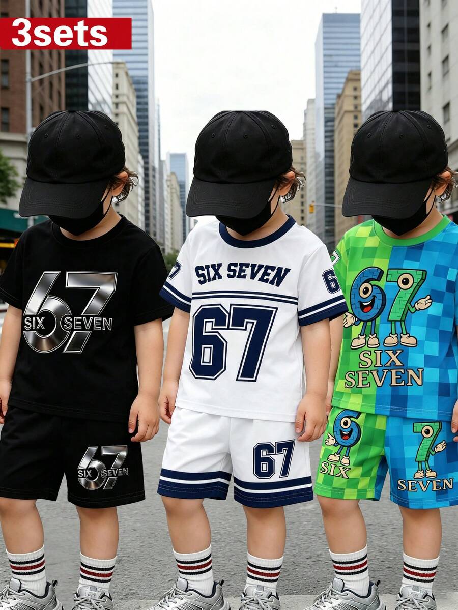 3套新款男童67號印花短袖套裝,幼童酷感休閒運動風多色可選2件套,兒童黑銀/海軍藍/綠藍對比67印花短袖短褲套裝,男嬰夏季舒適外出2件套,酷美式運動風 - 彩色 - 查看 1