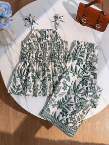 SHEIN Sparklyn 2件/組 女童休閒時尚綠葉數位印花收腰吊帶上衣 & 彈性腰長褲，適合秋季、春季、夏季、海灘、通勤、戶外玩耍、運動、學校、街頭穿搭、海灘派對和拍照 - 綠色 - 查看 2