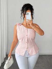 Elenzga Áo không tay cỡ lớn dành cho nữ, Áo vest jacquard thắt nơ hồng, Áo tank top ôm dáng cài khuy ngọc trai, Áo kiểu trễ vai hở vai, Áo sơ mi mùa hè jacquard cài khuy ngọc trai ở eo, Phong cách Pháp dịu dàng, Áo tank top mùa hè ôm dáng Pure Desire, Áo mùa hè dành cho nữ, Kỳ nghỉ, Du lịch, Áo nữ thanh lịch - Hồng - Xem 6