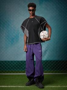 EVRINFINITE Men's Casual Color Block Drawstring Straight Leg Pants, Loose Fit Long Patchwork Black Straight Leg Sweatpants For Outdoor Football - Purple - View 3
