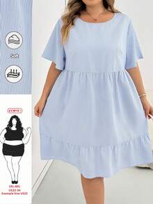 SHEIN CURVE+ 大尺碼女款淺藍色娃娃裙，適合四季度假、夏季波希米亞風、傳統街頭風、婚禮賓客穿著 - 藍色 - 查看 7